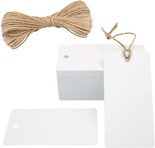 G2PLUS 100PCS Blank Gift Tags,3.5” x 1.7” White Kraft Paper Gift Tag with String, Rectangle Hanging Tags for Arts and Crafts Wedding Holiday, Teachers Day,Christmas,Thanksgiving,Party Favors