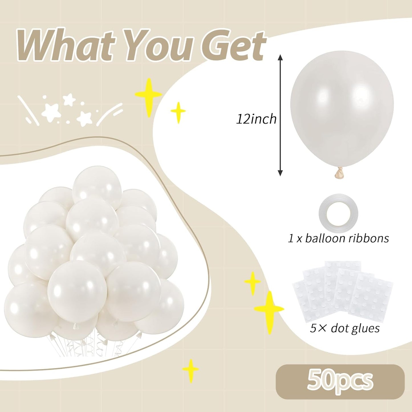 50pcs Pearl White Balloons, Helium 12inch Pearl White Party Balloon for Bridal Baby Shower Engagement Wedding Birthday Valentine’s Party Decorations (With Ribbon & Glues)