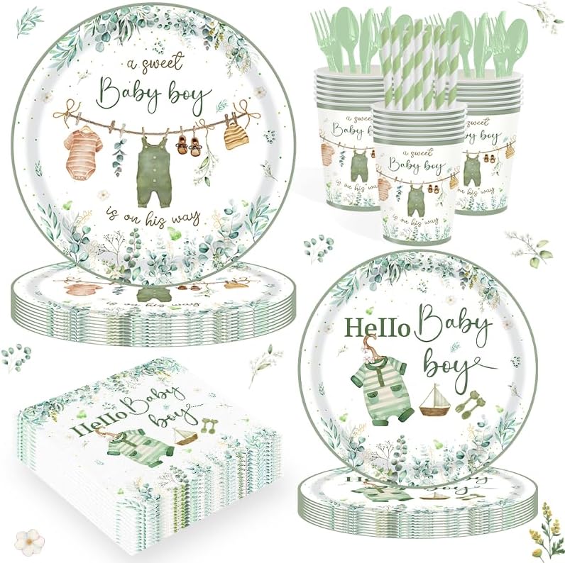 168PCS Greenery Baby Boy Party Supplies A Sweet Boy Is On His Way Party Decorations Watercolor Woodland Babyshower Plates Napkins Cups Forks Knives and Straw Tableware Set Serve 24 Guests