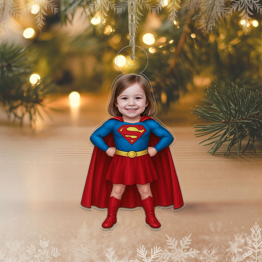 Custom Photo Baby Girl Superman Ornament, Personalized Superhero Christmas Ornament, Baby’s First Christmas Gift Acrylic Ornament – Personalized Christmas Tree Decoration, Custom