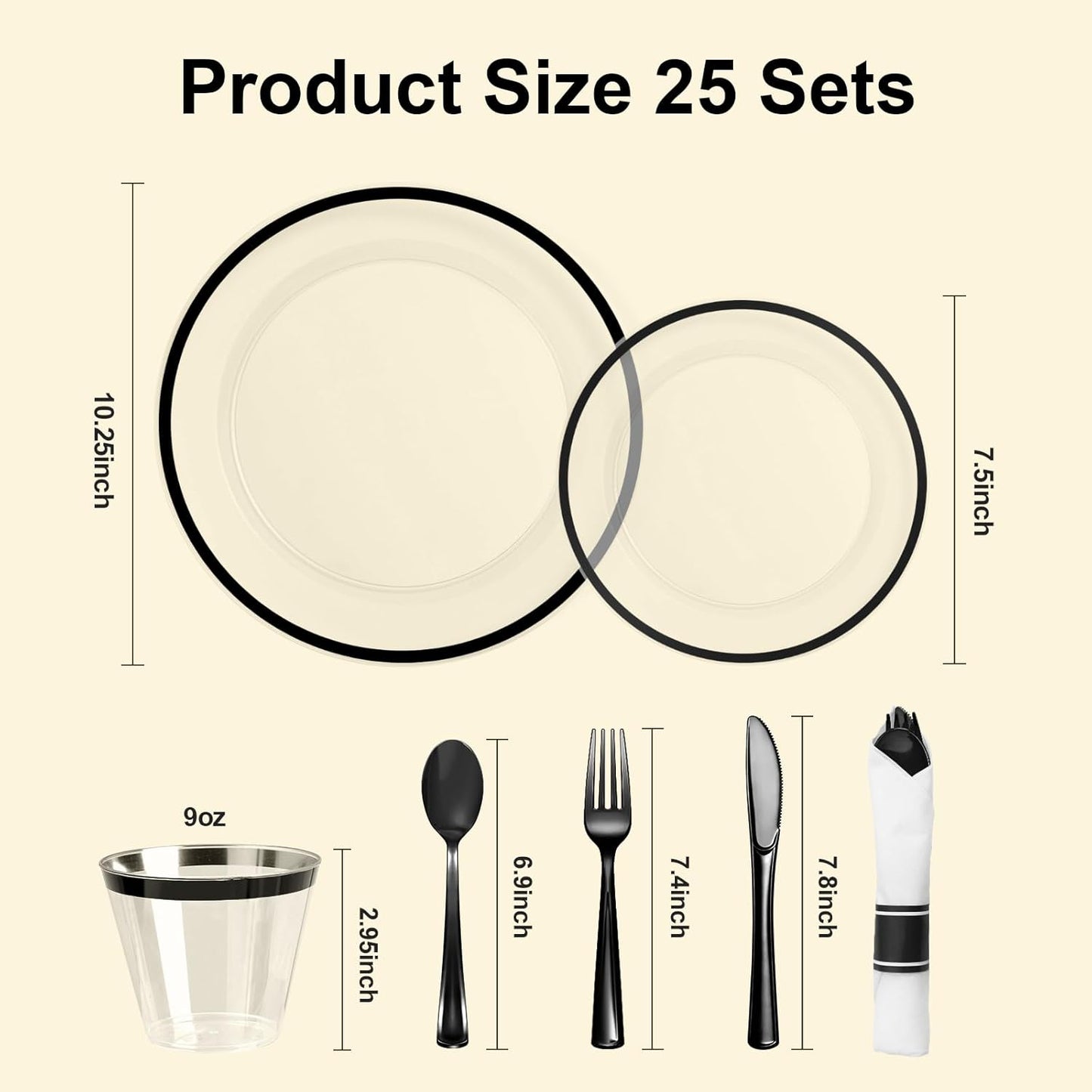 175PCS Clear and Black Disposable Plates Set for 25 Guests, 50 Plastic Plates, 25 Cups, 25 Pre-Rolled Napkins with Plastic Cutlery for Party, Birthday, Wedding, Thanksgiving, Christmas