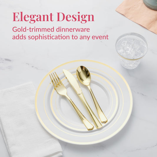 Prestee 350-Piece Engagement Party Decorations Disposable Dinnerware Set for 50 Guests - Fancy Plastic Dinner Ware Sets with Plates, Cups, Forks, Knives, Spoons - White and Gold Dinnerware Set