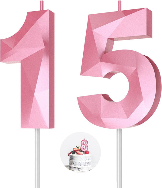 Number Birthday Candles(15 Candle Pink) 3D Diamond Shape 15th Happy Birthday Cake Topper Decorations for Girl Women Birthday Wedding Anniversary Celebration Theme Party Supplies