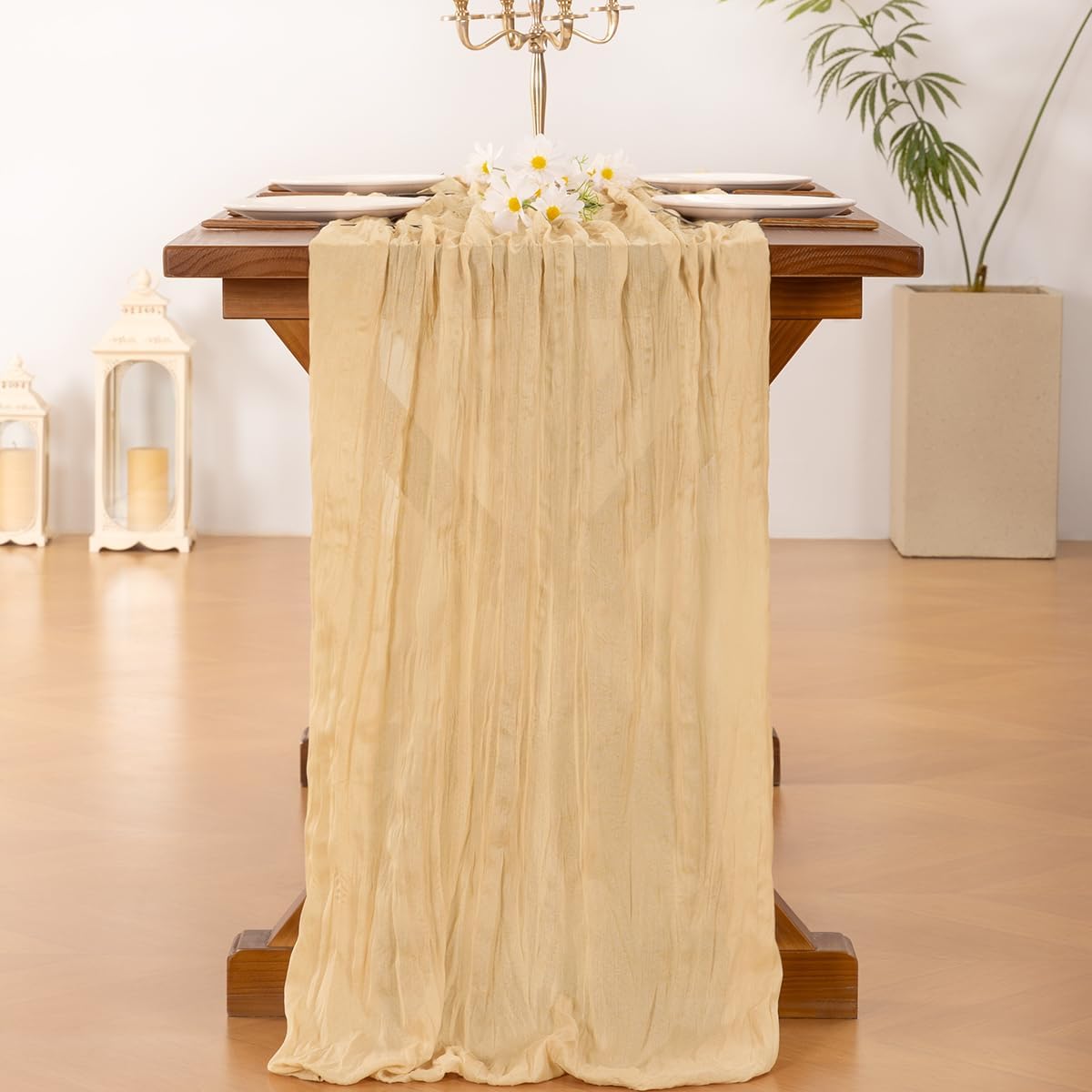 Socomi 6pcs Gold Champagne Cheesecloth Table Runner Fall Thanksgiving Boho Rustic Gauze 120 inch 10FT Cheese Cloth Runner for Wedding Party Baby Shower Birthday Home Decor Holiday Decorations