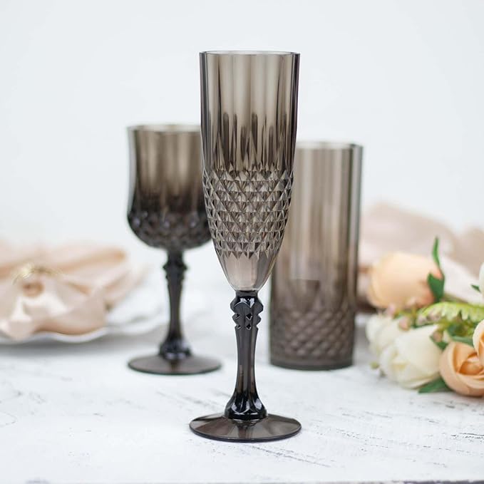 Efavormart 6-Pack Champagne Glasses, 8oz Shatterproof Plastic Crystal Cut Toast Flutes, Black for Party Celebration Wedding