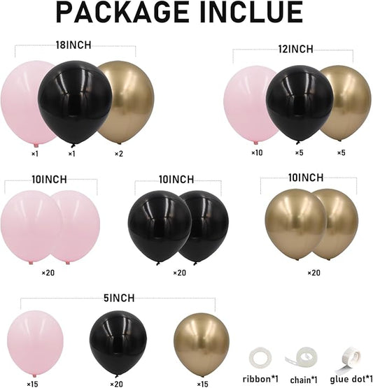 Black Pink and Gold Balloons Arch Kit, 134pcs 18/12/10/5inch Black Pastel Pink Chorme Gold Balloons Garland for Princess Birthday Wedding Bridal Baby Shower Bachelorette Mother's Day Party Decorations