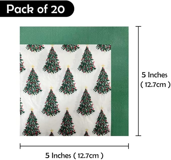 SOLAS Christmas Paper Napkins - 20 Pack, 2 Ply, 6 1/2' (16.5cm) Square - Beautifully Designed, Fun & Colorful Green Holiday Serviettes