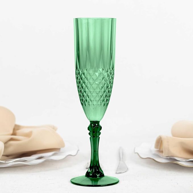 Efavormart 6-Pack Champagne Glasses, 8oz Shatterproof Plastic Crystal Cut Toast Flutes, Hunter Green for Party Celebration Wedding