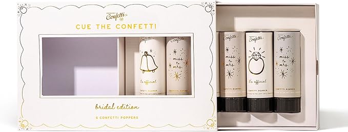 Cue the Confetti Bridal Box (6 Confetti Poppers) – Biodegradable Confetti Poppers for Engagement Parties, Bridal Showers, Wedding, & More – Eco-Friendly & Spring Loaded for Noise Free Fun.