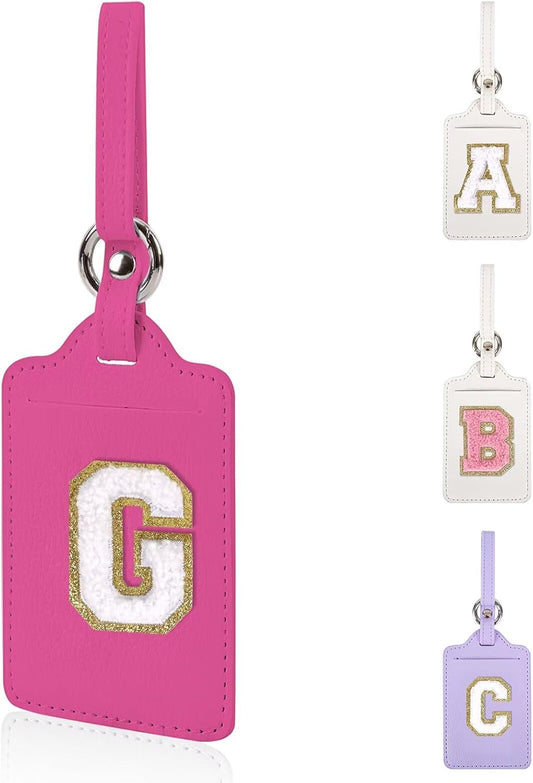 Personalized Initial Luggage Tags for Suitcases, Leather Chenille Letter Cute Luggage Tags with Privacy Name Card, Embroidered Travel Bag Backpack Tags Gifts for Women Kids Girls Teens(Rosered-G)