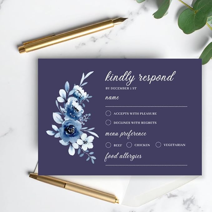 crafty-bell Glossy Finish Personalized Wedding RSVP Response Cards with White Envelopes, Blue Floral Design, 15 Count Respond Cards in Glossy Finish (Navy Blue)