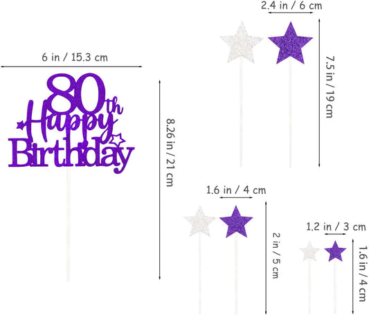 Glittery 80th Happy Birthday Cake Topper with Star,Personalised 80 Birthday Cake Toppers Party Decorations Party Supplies for Men Women Purple Silver