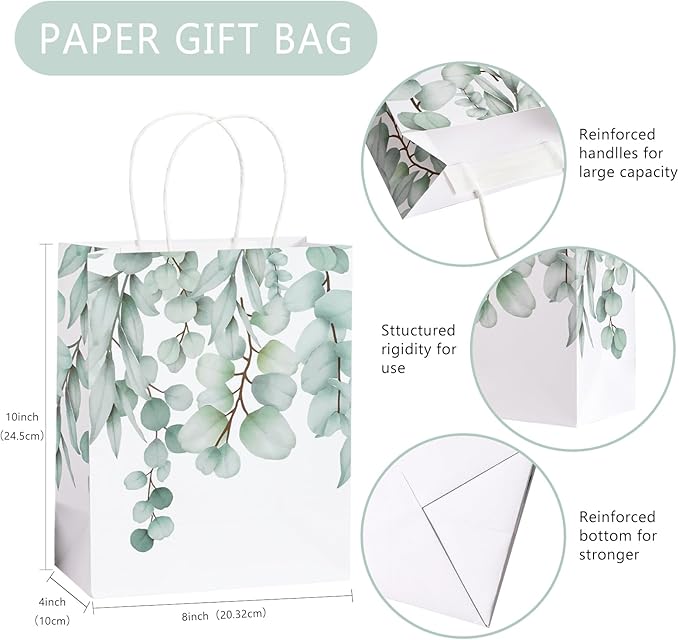 Loveinside Eucalyptus Leaves Paper Gift Bag, Delicate Green Leaves Deisgn with Handles Grocery Shopping Bags Candy Goodie Bags for Birthday, Wedding, Spring, Mother's Day, 8" x 4" x 10", 12 Pcs