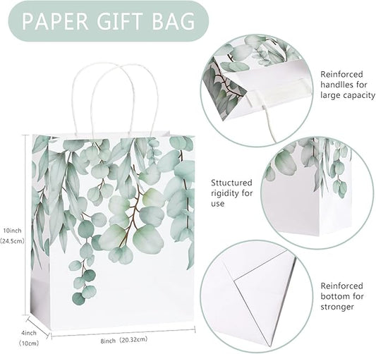 Loveinside Eucalyptus Leaves Paper Gift Bag, Delicate Green Leaves Deisgn with Handles Grocery Shopping Bags Candy Goodie Bags for Birthday, Wedding, Spring, Mother's Day, 8" x 4" x 10", 12 Pcs