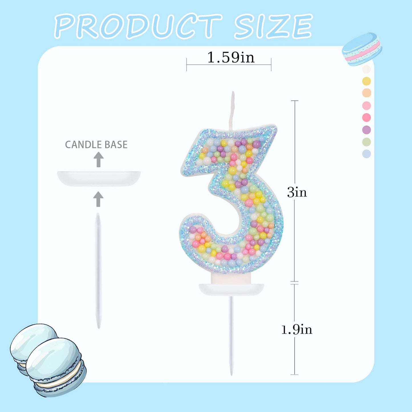 Birthday Candles - Number 3 Candle, Colorful Macaron Candles for Boys/Girls, Blue Cake Decorations, Theme Party Supplies