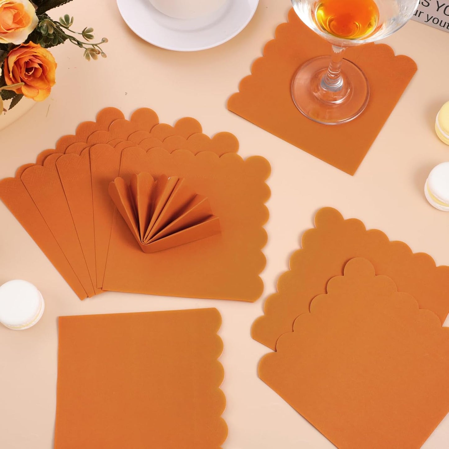 120 Pcs Orange Napkins,Scalloped Thanksgiving Fall Napkins Disposable Orange Dessert Beverage Napkin Burnt Cocktail Napkin for Fall, Thanksgiving，Birthday, 5 x 5 Inch