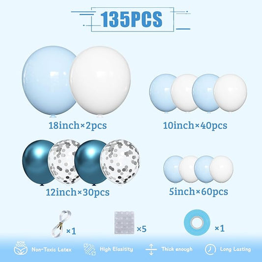 KARLURE Blue Balloon Arch Kit Garland, Baby Blue Balloons White Silver Confetti Balloons for Boy Baby Shower Decorations Birthday Gender Reveal Bridal Shower Wedding Graduation Ocean Party Decorations