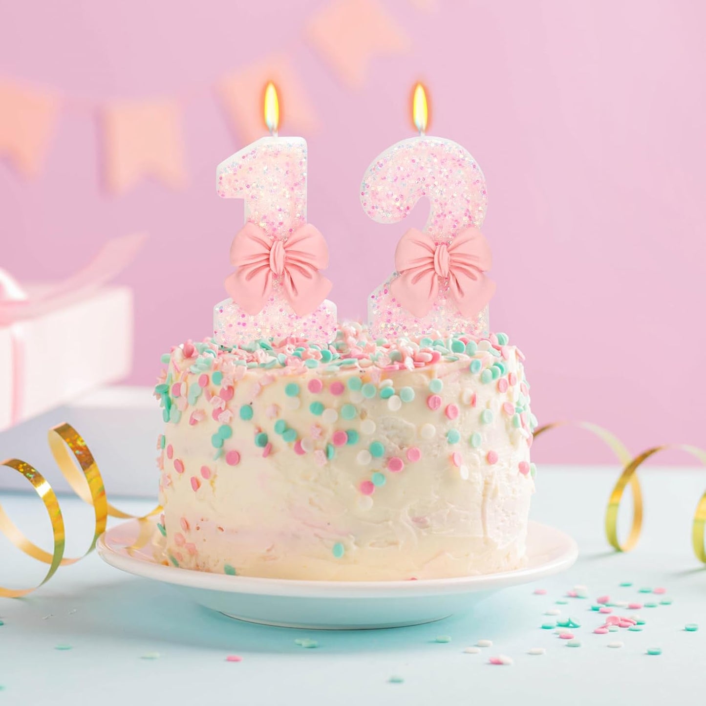 Pink Number 12 Birthday Candle, 3" Tall, Modern Bow Style, Non-Toxic, Eco-Friendly, Unscented