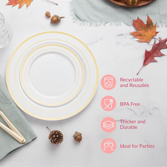 Prestee 50-Piece Disposable Plates Set - White with Gold Rimmed Plastic Plate for Parties, Holidays, Weddings - Includes 25 Dinner Plates and 25 Small Salad Platter - Ideal Thanksgiving Plate