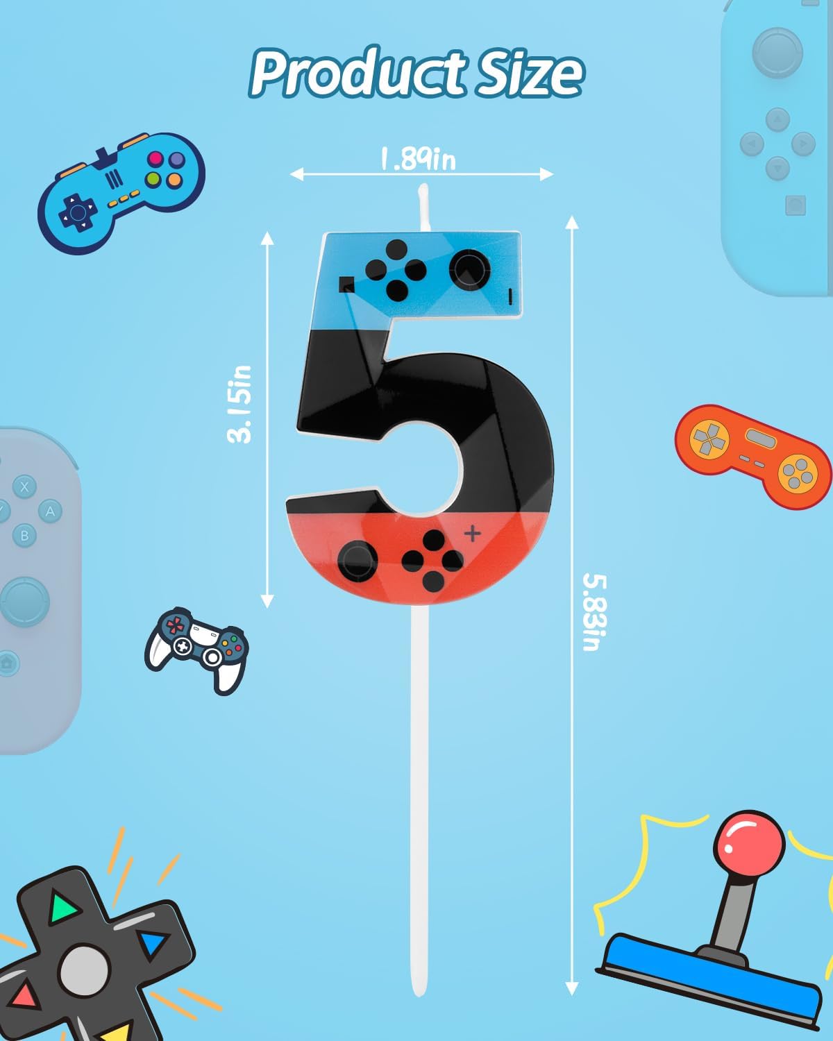 Number 5 Level Birthday Candles, 2.68 inch Gamer Candles, Red Blue Birthday Candles, Game Controller Gamepad Candles,Video Game Controller Themed Kids Boy Girl Party Supplies