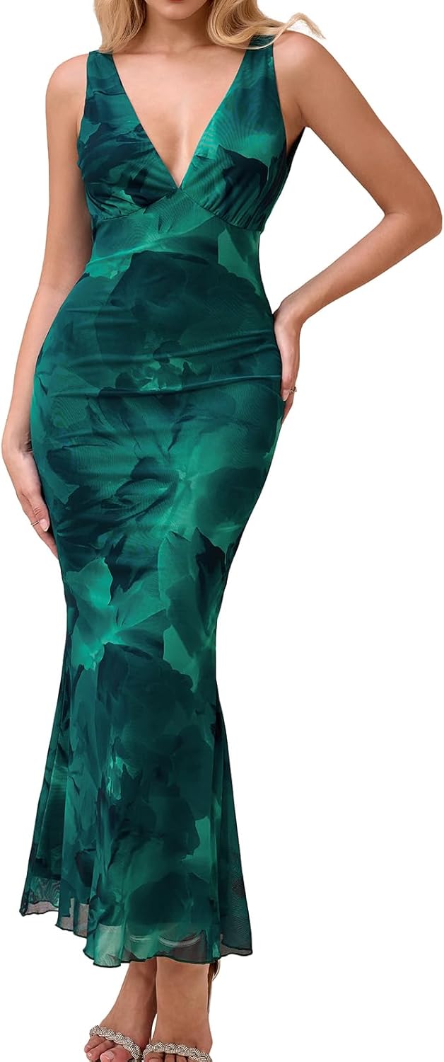 GLNEGE Women's Summer Floral Bodycon Maxi Dress Sexy Backless V Neck Wedding Guest Dresses 2025