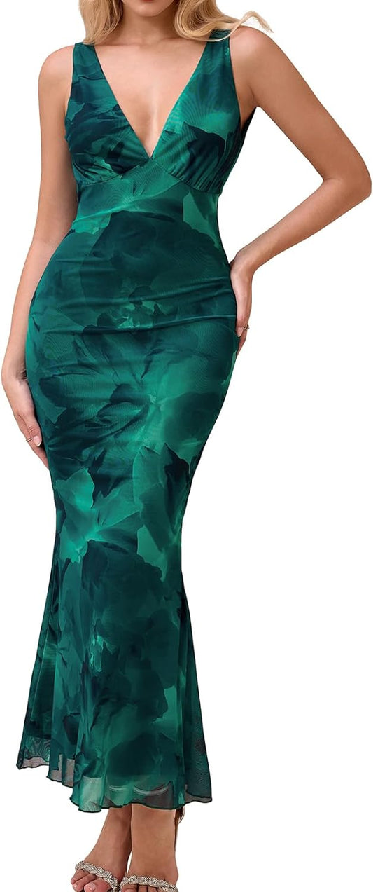 GLNEGE Women's Summer Floral Bodycon Maxi Dress Sexy Backless V Neck Wedding Guest Dresses 2025