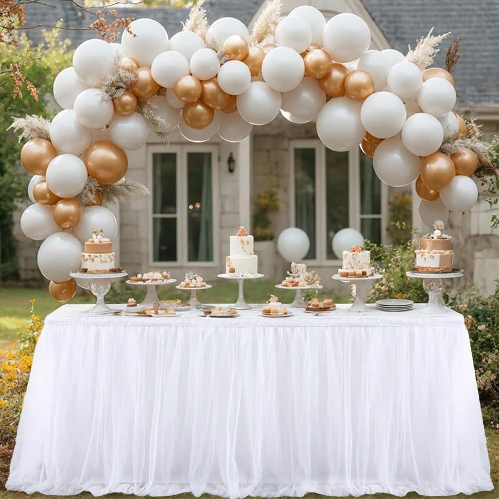 6Ft White Tulle Table Skirts for Rectangle Tables Covers Ruffle Tutu Cloth Tableskirt, 72X30.3'' Tulle Tablecloth For Wedding Round Table Bridal Baby Shower Birthday Banquet Party Decorations