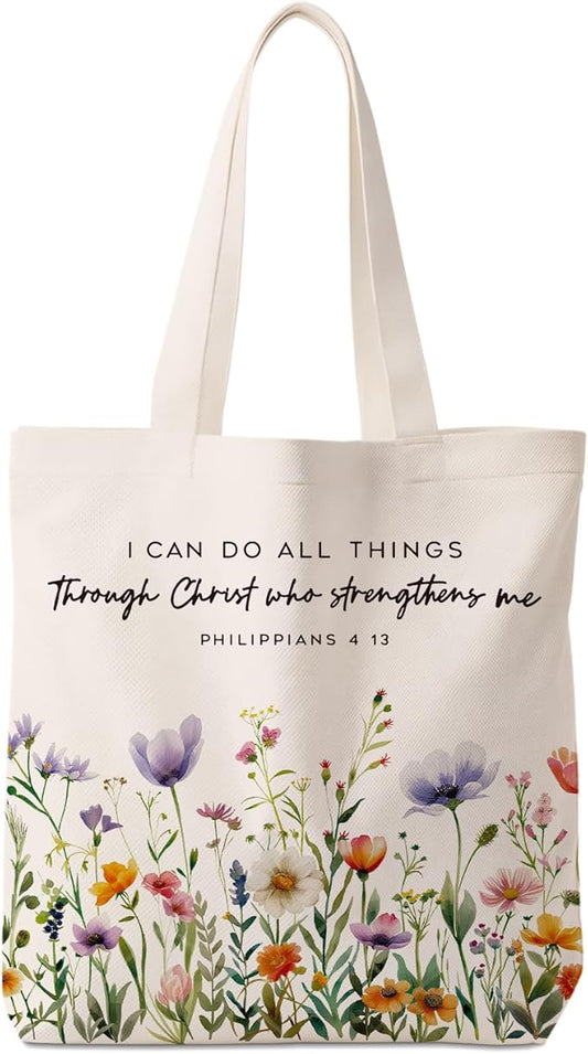 Preppy Floral Aesthetic Tote Bag for Women,Printed Canvas Tote Bag for Girls,Christian Gifts for Women Faith,Watercolour Aesthetic Reusable Shopping Grocery Bags Party Favors