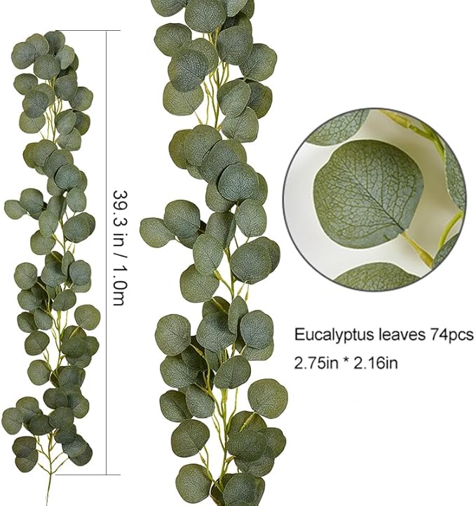 2 Pack Artificial Eucalyptus Garland Faux Silk Leaf Silver Dollar Eucalyptus Leaves Vines Handmade Garland Greenery Wedding Backdrop Indoor Outdoor Arch Wall and Party Home Decoration
