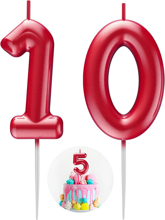 Red Number 10 Candle Happy Birthday 3D Number Candles for Birthday Cake Party Decoration Wedding Anniversary Celebration Supplies