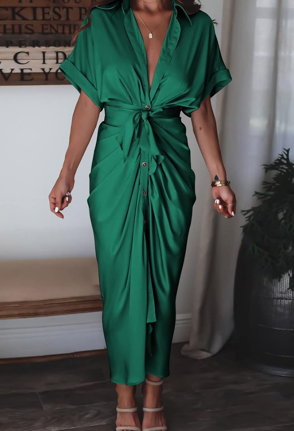 Women Elegant Satin Button Down Short Sleeve Maxi Shirt Dress with Belt