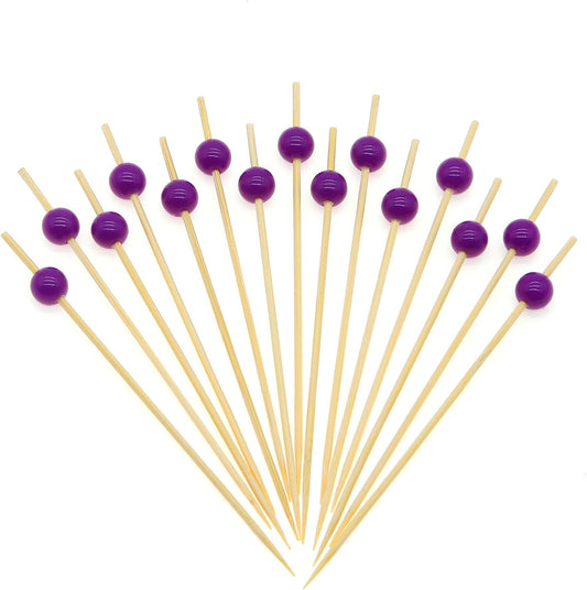 Minisland Purple Pearl Cocktail Picks, 4.7 Inch Long Bamboo Fancy Toothpicks for Appetizers, Decorative Bridal Wedding Holiday Party Food Drink Garnish Fruit Kabob Skewer Sticks 100 Counts - MSL454