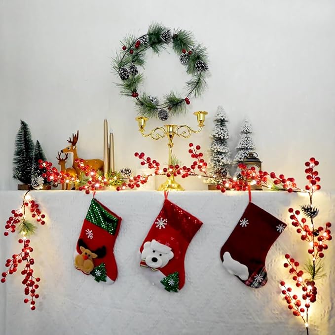 6.56FT Christmas Garland Decorations Red Berry Garlands with Lights 96 Fairy LED Lights Lighted Pine Garland for Mantle Fireplace Table Stairs Railing Xmas Tree Indoor Outdoor Winter Holiday Decor