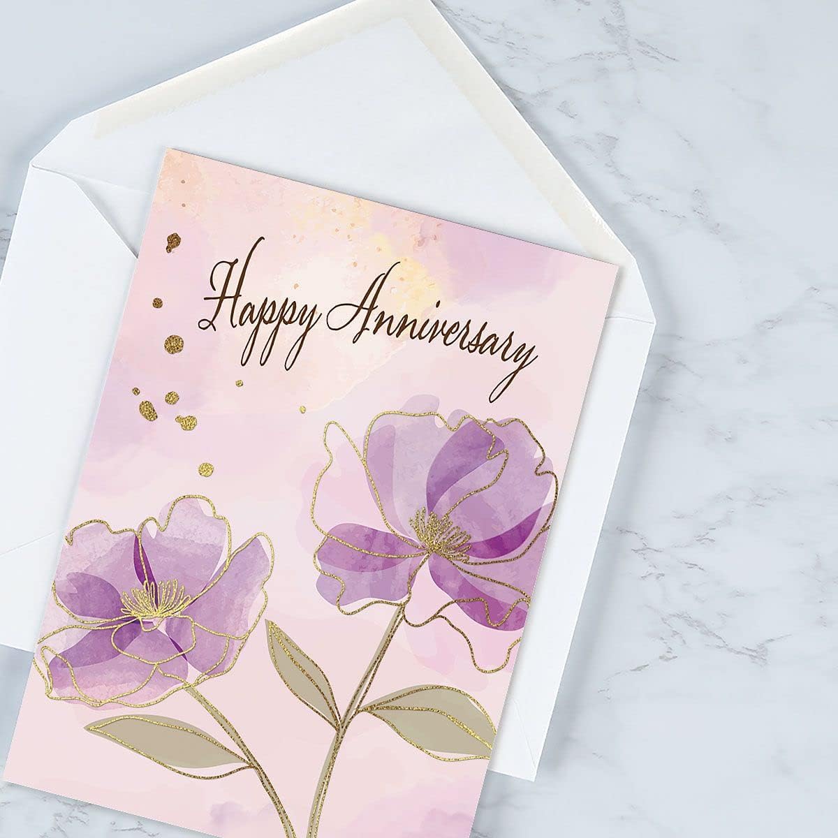 Floral Pairs Deluxe Anniversary Greeting Cards - Set of 8 (4 Designs), 5 x 7 Inches, Sentiments Inside
