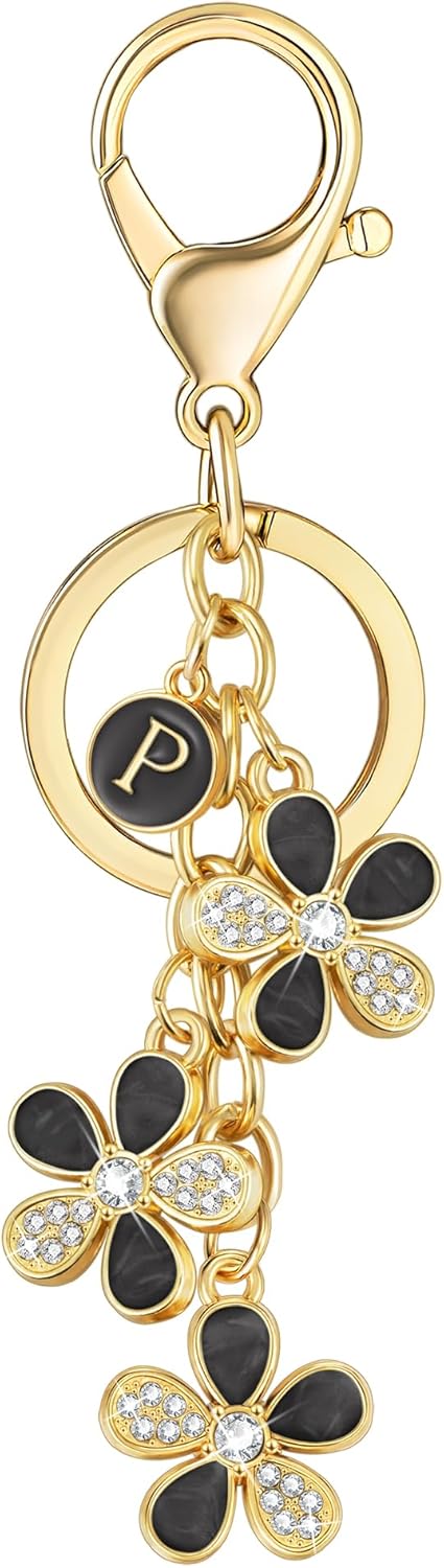 XGALBLA Cute Flower Crystals Rhinestone Initial Letter Keychain for Women, Bag Charms Bling Sparkly Enameled Keychain Handbag