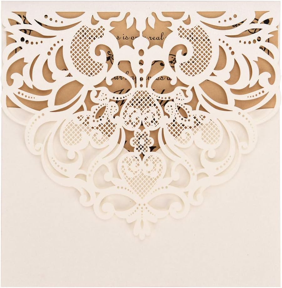 FOMTOR Laser Cut Invitations 50 Pack Laser Cut Wedding Invitations Card Kit with Blank Printable Paper and Envelopes for Wedding,Birthday Parties,Baby Shower (White)