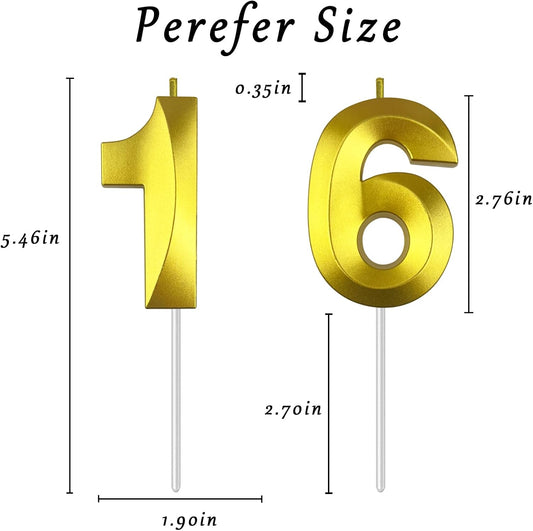 Gold Number 16 Candles, 3D Diamond 2.76 Inch Cake Topper Birthday Candles for Wedding Anniversary Cake Decorations, Happy Birthday Party Decorations