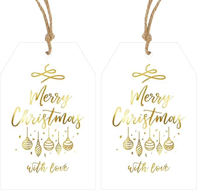 Anwyll Christmas Gift Tags with String - 50Pcs Gold and White Merry Christmas with Love Tags for Gifts Xmas Gift Tag Happy Holidays Hang Paper Label Tag for Present Wrap Goodie Bag Holiday Party Favor
