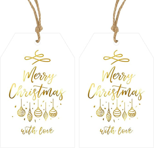 Anwyll Christmas Gift Tags with String - 50Pcs Gold and White Merry Christmas with Love Tags for Gifts Xmas Gift Tag Happy Holidays Hang Paper Label Tag for Present Wrap Goodie Bag Holiday Party Favor