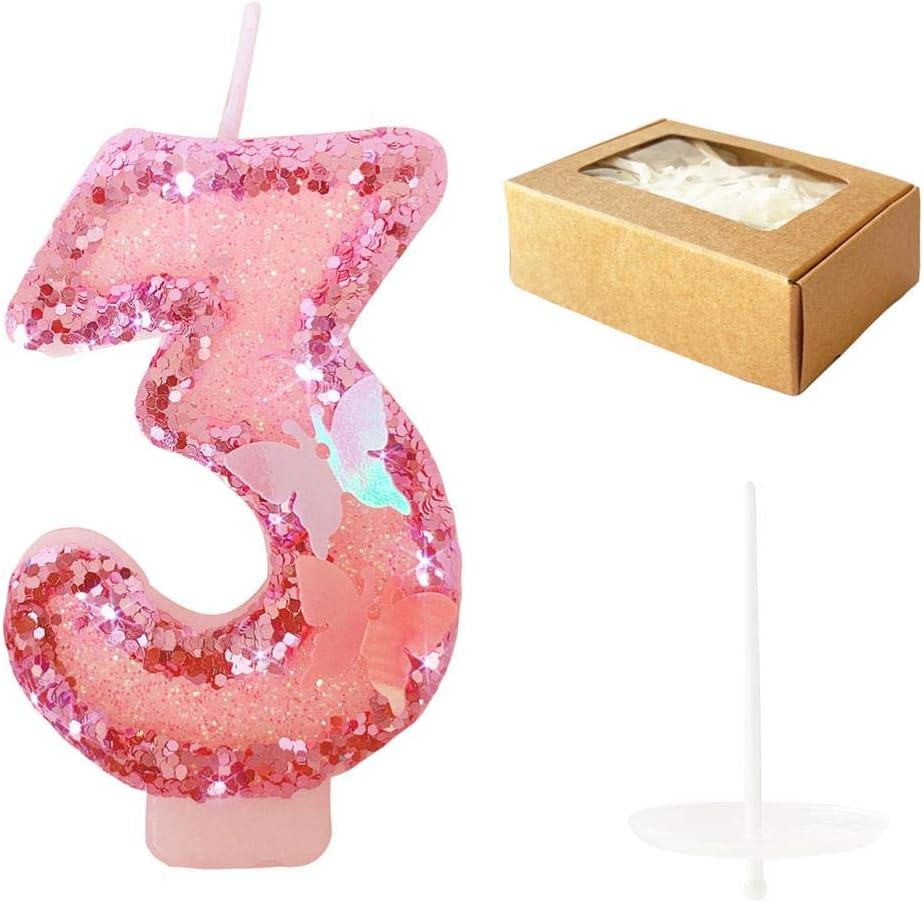 Birthday Candles Number 3,Pink Glitter Happy Birthday Cake Candles Handmade Sequin Numeral Candle