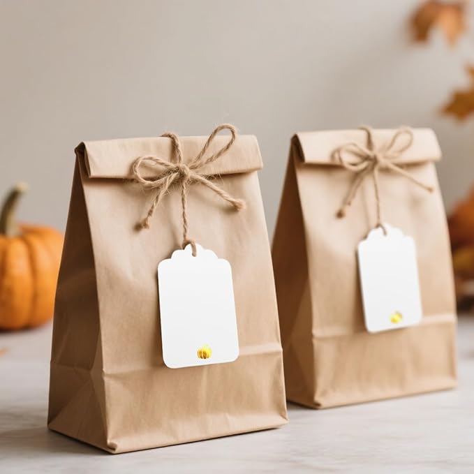 ASYEHJNR 100 Pcs Blank Gift Tags with String Gold Foil Pumpkin Large White Paper Gift Tags with 65 Ft Jute Twine Cute Tags for Halloween Autumn Fall Harvest Thanksgiving Gift Wrap Tags