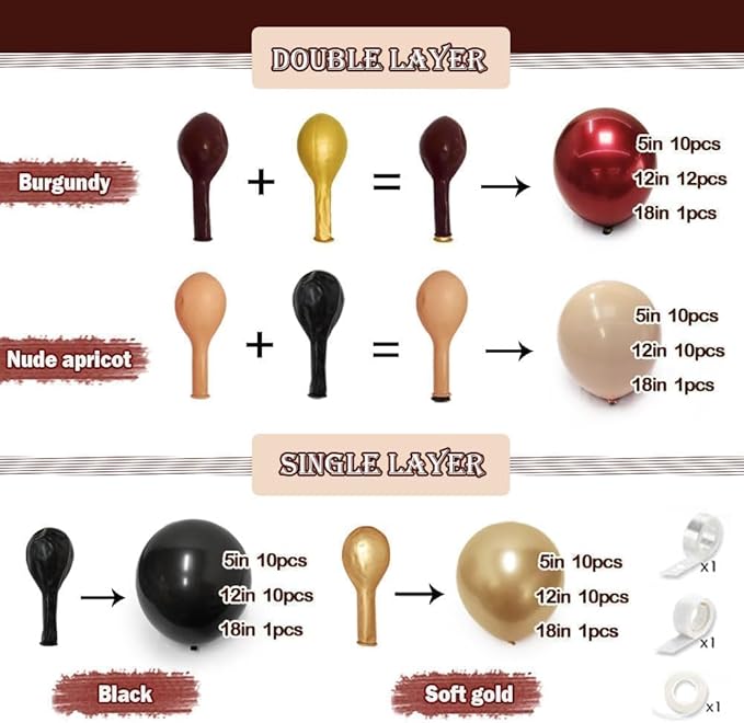 Burgundy Black Balloon Arch Kit Double Stuffed Nude Maroon Metallic Wine Red Apricot Balloon Garland with Gold Latex for Birthday Anniversary Wedding Bridal Graduation Mother's Day Party Decoration