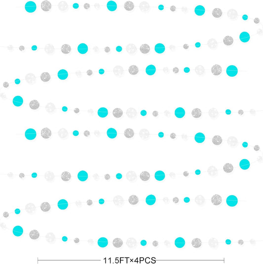 Teal Blue Silver White Party Polka Dot Garland Banner Aqua Turquoise Glitter Silver White Hanging Paper Circle Dots Streamer for Birthday Baby Shower Wedding Bridal Shower Party Decorations Supplies