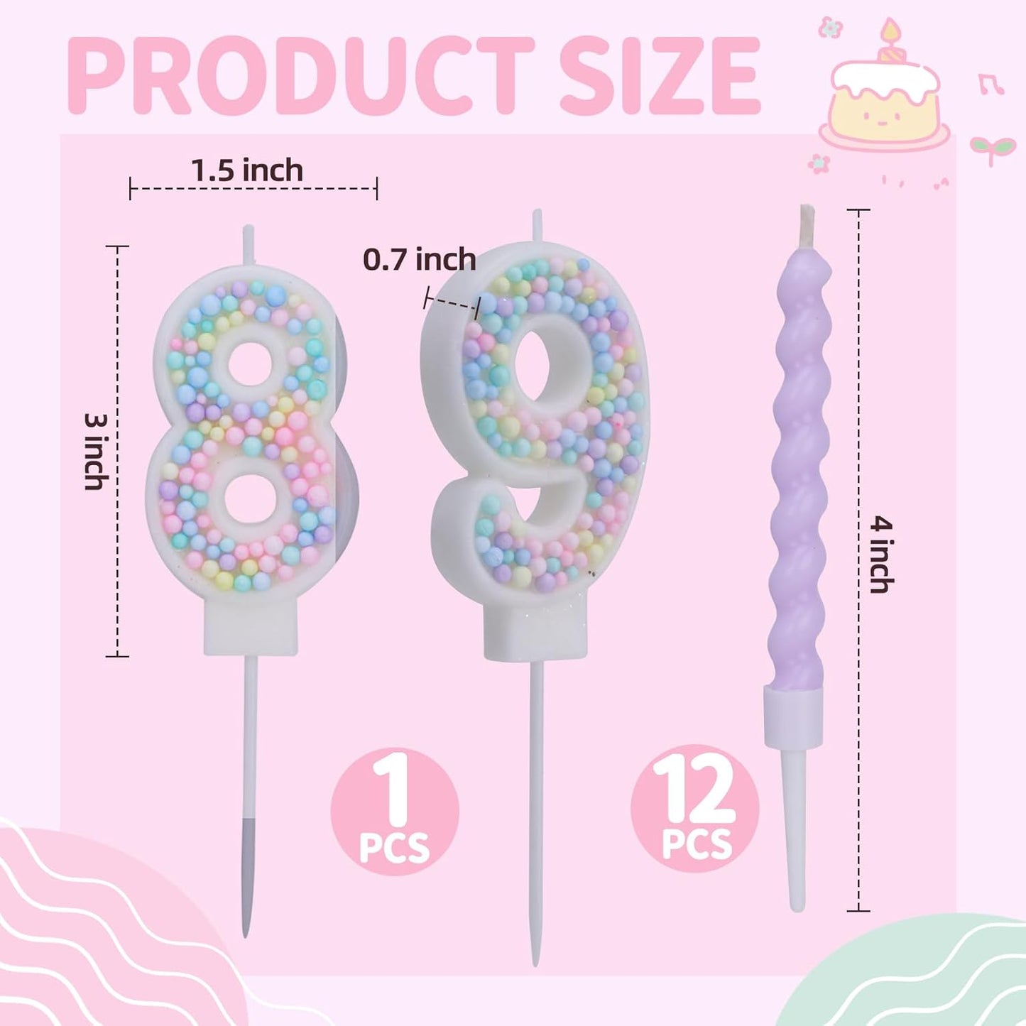 Number 8 Birthday Candles for Cake with 19 Pieces Spiral Candles with Macaron Pastel Rainbow Pink Cake Toppers for Girls Happy Birthday Party Decorations