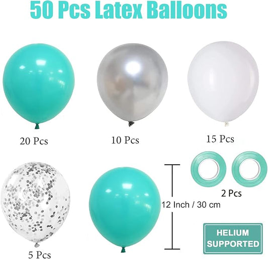 Teal Blue Silver White Balloons, 50Pcs Teal and Silver Balloons Turquoise Blue White Silver Confetti Latex Balloons for Wedding Bridal Shower Birthday Graduation Party Decorations
