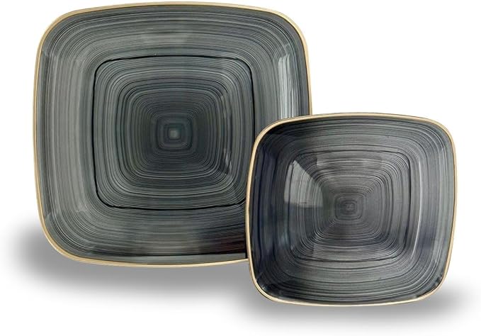 " OCCASIONS " 50 Plates Pack (25 Guests)-Wedding Party Disposable Plastic Plate Set -25 x 10'' Dinner + 25 x 7'' Salad & Dessert plates (Belize Square in Black & Gold)
