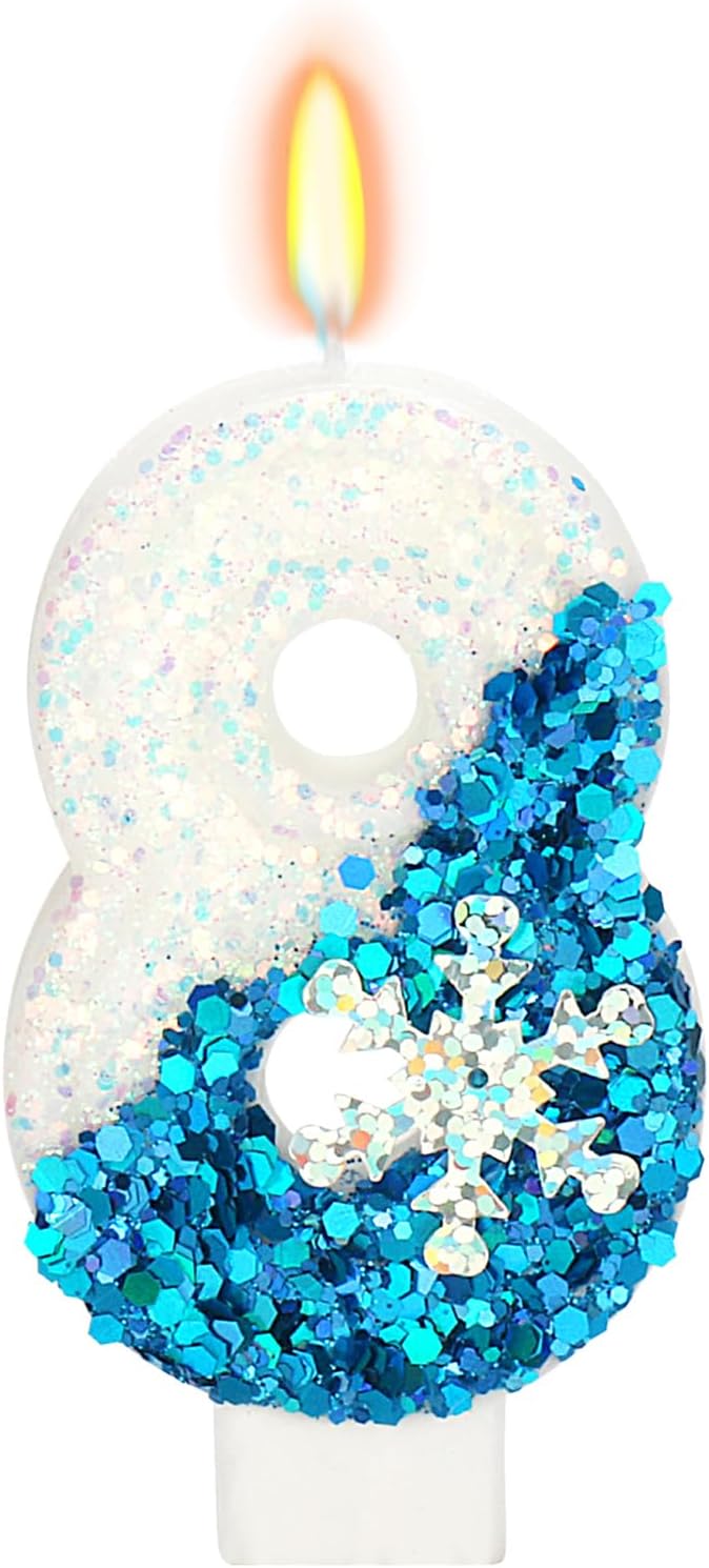 Snow Themed Birthday Candles, 8th Birthday Candle for Party Supplies, Winter Birthday Party Supplies, 2.76 inch Number 8 Cake Topper Decoration (Number 8)