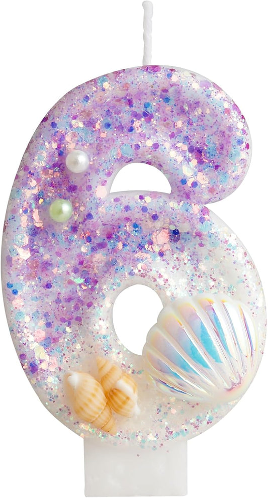 Pulper Mermaid Sequins Shell Candles, Happy 6th Birthday Cake Topper, Mermaid Themed Party Decorations
