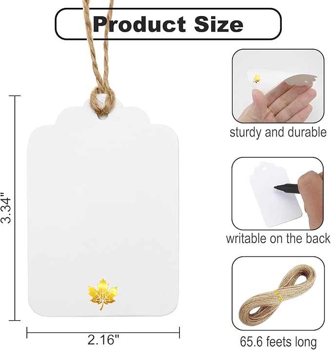 ASYEHJNR 100 Pcs Blank Gift Tags with String Gold Foil Maple Leaf Fall Large Gift Tags with 65 Ft Jute Twine White Paper Cute Tags for Fall Autumn Thanksgiving Harvest Party Gift Wrap Tags