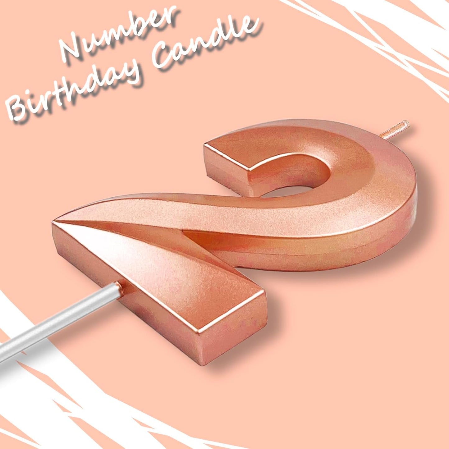 Rose Gold Number 2 Candles, 3D Diamond 2.76 Inch Cake Topper Birthday Candles for Wedding Anniversary Cake Decorations, Happy Birthday Party Decorations